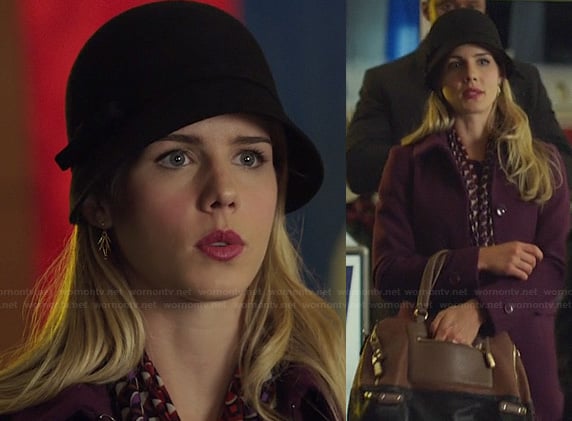 Felicity's burgundy coat and geometric printed scarf on Arrow