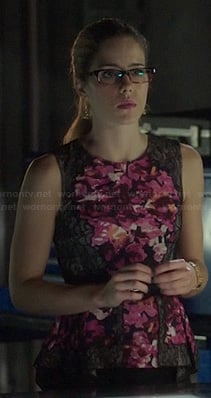 Felicity's pink floral peplum top with black lace panels on Arrow