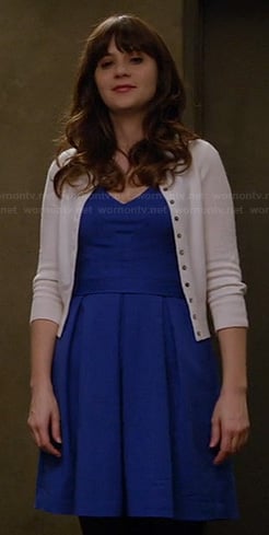 Jess's blue v-neck dress on New Girl