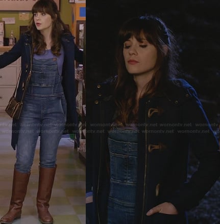 Jess's denim overalls and navy blue toggle coat on New Girl