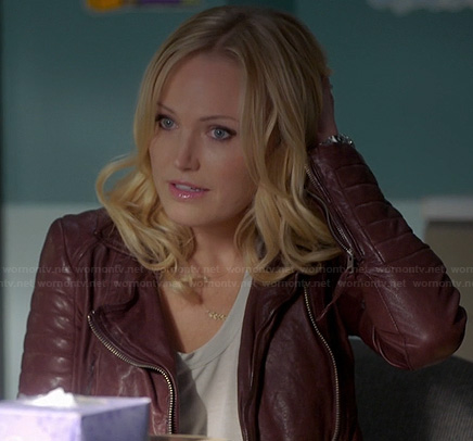 Kate's burgundy leather jacket on Trophy Wife