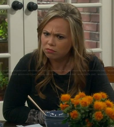 Kristin's grey top with tie dye cuffs on Last Man Standing