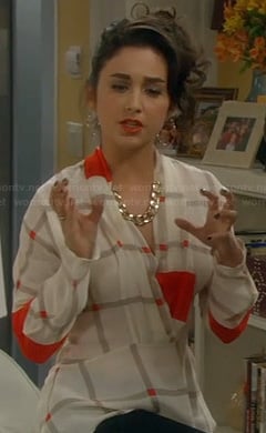 Mandy's white and red check print wrap blouse on Last Man Standing