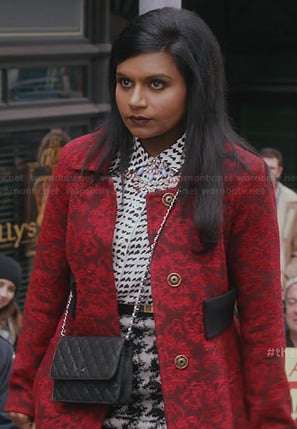 Mindy's red brocade coat, heart print shirt and houndstooth skirt on The Mindy Project