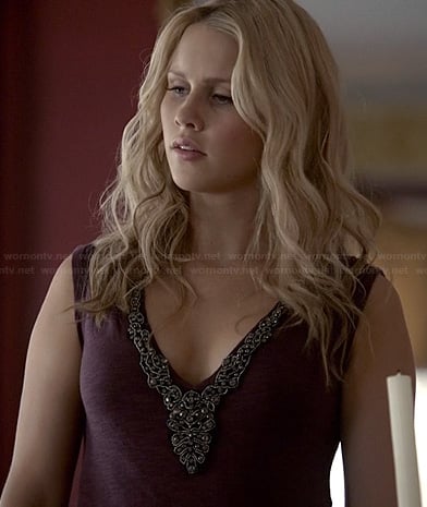 Rebekah's burgundy beaded front top on The Originals