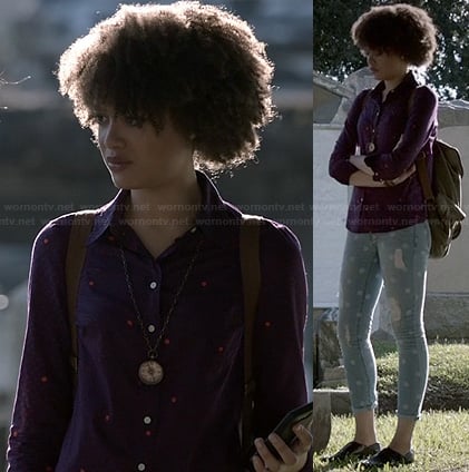 Remy's purple polka dot shirt and polka dot jeans on Ravenswood