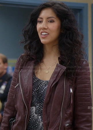 Rosa's black feather print top and burgundy leather jacket on Brooklyn Nine Nine