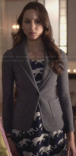 Spencer's blue panther print dress and grey blazer on Pretty Little Liars