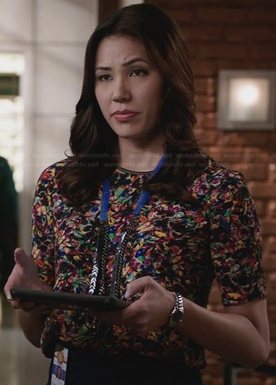 Angela's floral top with leather trim on Bones