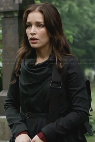 Annie's black draped and belted jacket on Covert Affairs