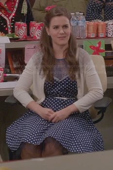 Betsey's blue polka dot dress with lace inset on The Mindy Project