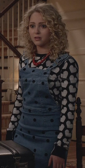 Carrie's heart print sweater and denim polka dot overall dress on The Carrie Diaries