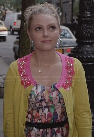 Carrie's shoe print dress and yellow and pink embellished cardigan on The Carrie Diaries