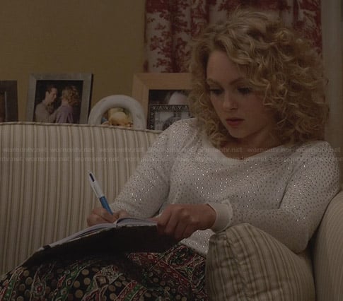 Carrie's white embellished sweater and mixed print skirt on The Carrie Diaries
