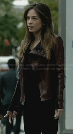 Cat's burgundy leather jacket on Beauty and the Beast