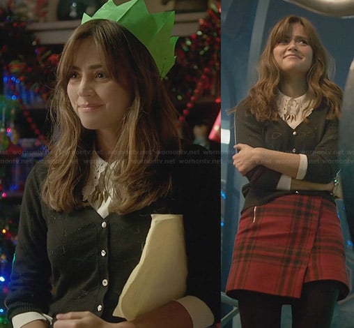 Clara's red plaid skirt and bow cardigan on the Doctor Who Christmas Special