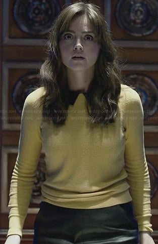 Clara's yellow sweater with leather collar on the Doctor Who Christmas Special