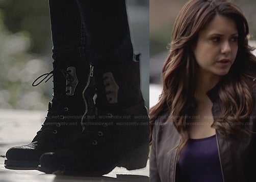 Elena's black combat boots and brown leather jacket on The Vampire Diaries