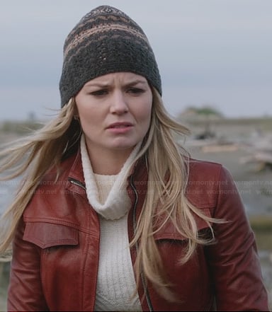 Emma's red leather jacket, ribbed turtleneck sweater and beanie on Once Upon a Time
