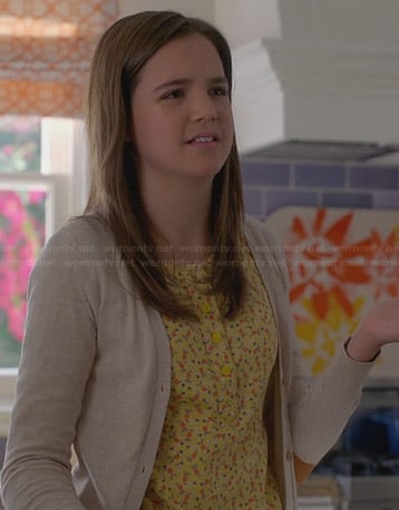 Hillary's yellow floral top and elbow patch cardigan on Trophy Wife