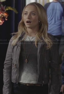 Juliette's black and white square ombre graphic tee and grey leather jacket on Nashville