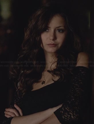 Katherine's black lace top with cutout shoulders on The Vampire Diaries