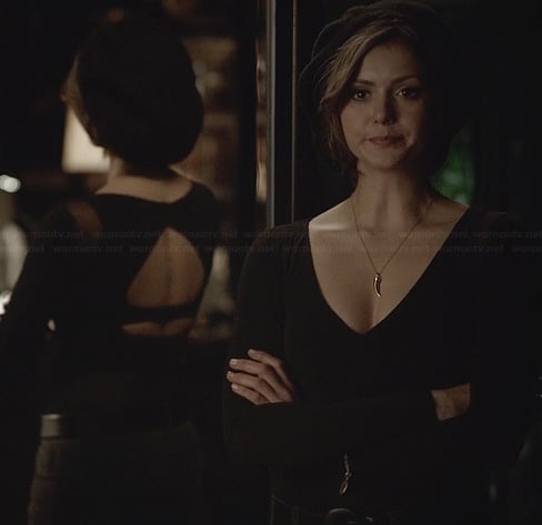 Katherine's black mesh inset top with cutout back on The Vampire Diaries