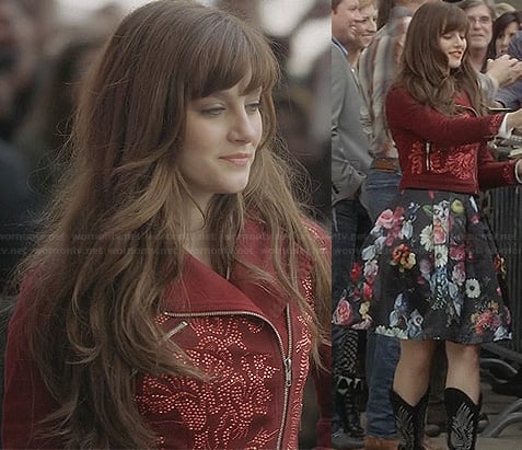 Layla's black floral a-line skirt and red embellished moto jacket on Nashville