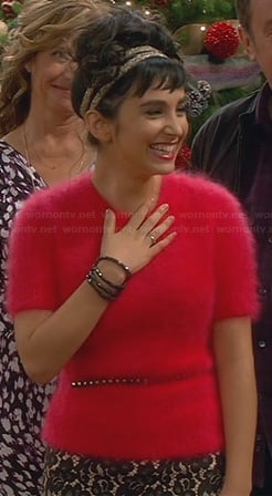 Mandy's red fluffy sweater and lace skirt on Last Man Standing