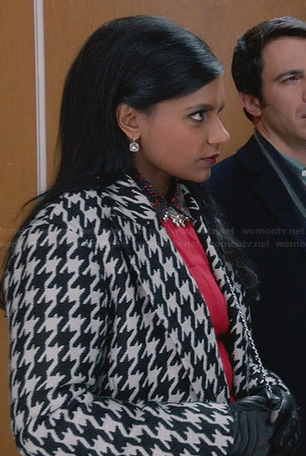 Mindy's houndstooth coat and crystal earrings on The Mindy Project