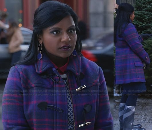 Mindy's purple and pink plaid toggle coat, checked rain boots and blue earrings on The Mindy Project