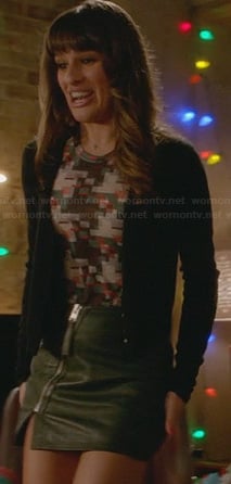 Rachel's green leather zip skirt and printed top on Glee
