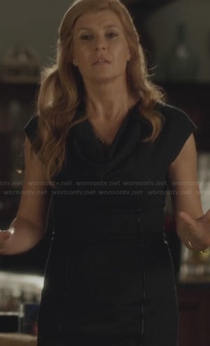 Rayna's black cowl neck dress with leather piping on Nashville