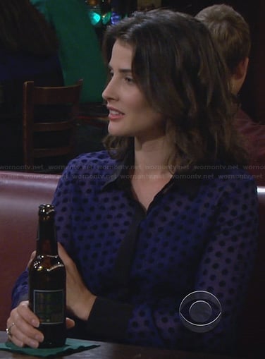 Robin's blue polka dot shirt with black trim and collar on How I Met Your Mother