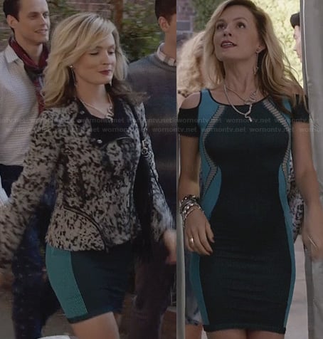 Samantha's blue and teal green cold shoulder bodycon dress and black and white zip detail jacket on The Carrie Diaries