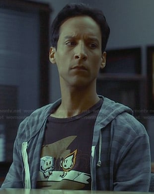 Abed's ice cube and flame t-shirt on Community