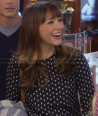Ann's black and white printed blouse on Parks and Rec