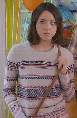 April's cream, pink and blue patterned sweater on Parks and Recreation
