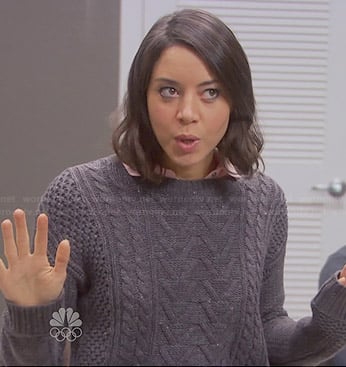 April's grey cable knit sweater on Parks and Recreation