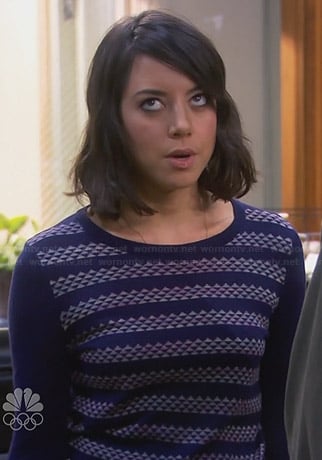 April's navy blue geometric patterned striped sweater on Parks and Recreation