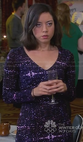 April's purple printed long sleeve dress on Parks and Recreation