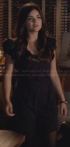 Aria's black ruffled sleeve dress on Pretty Little Liars