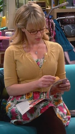 Bernadette's pink and yellow rose printed dress on The Big Bang Theory