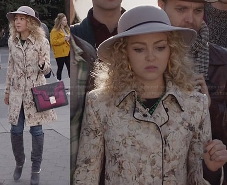 Carrie's beige floral coat and hat on The Carrie Diaries