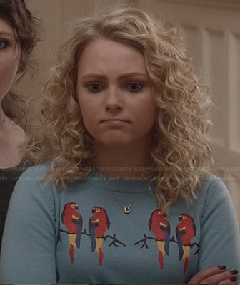 Carrie's blue parrot sweater on The Carrie Diaries