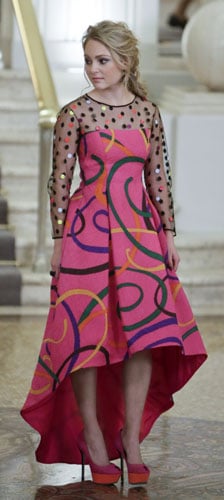 Carrie's pink swirl patterned prom dress and two-tone shoes on The Carrie Diaries