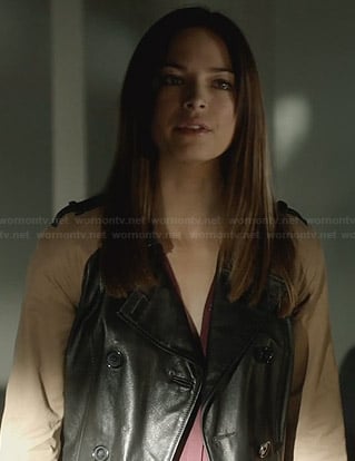 Cat's leather trench coat with beige sleeves on Beauty and the Beast