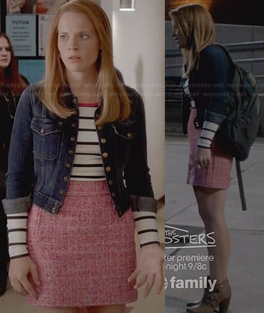 Daphne's striped top with pink trim, pink tweed skirt and denim jacket on Switched at Birth