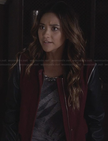 Emily's red jacket with black leather sleeves on Pretty Little Liars