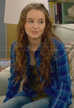 Eve's blue plaid shirt with studded shoulders on Last Man Standing